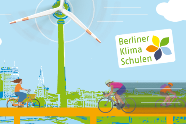 Der Berliner Fernsehturm als Windrad, darunter Menschen, die Fahrrad fahren